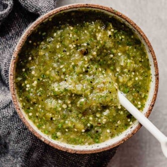 Homemade tomatillos salsa in a bowl.