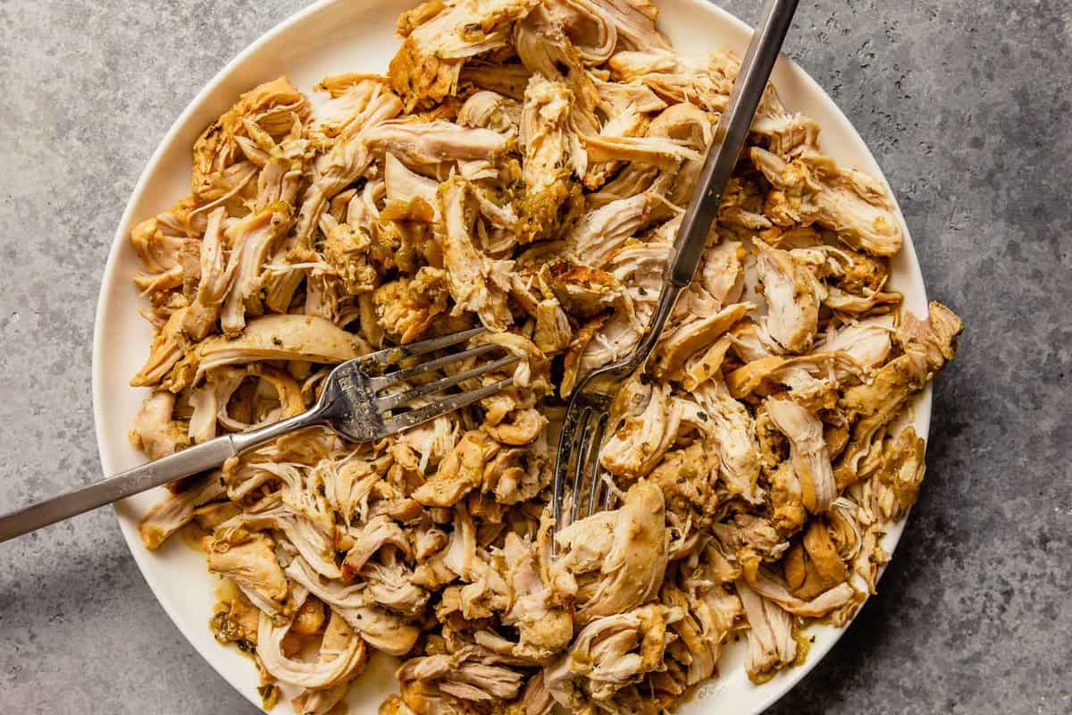 Shredded chicken on a large white dinner plate with two forks.