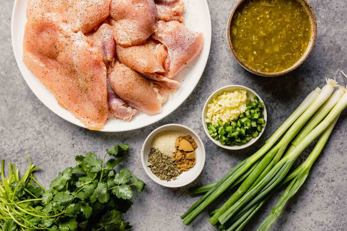 Raw chicken breast and chicken thighs on a plate with fresh scallions, cilantro, spices, garlic and salsa verde set set to it on a counter.