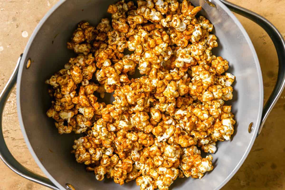 Caramel popcorn in a large pot.