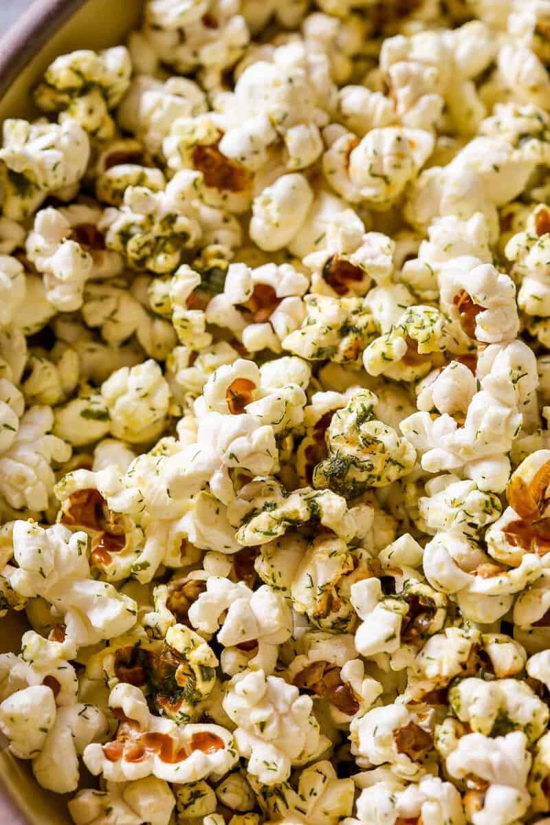 Close up of herby popcorn.