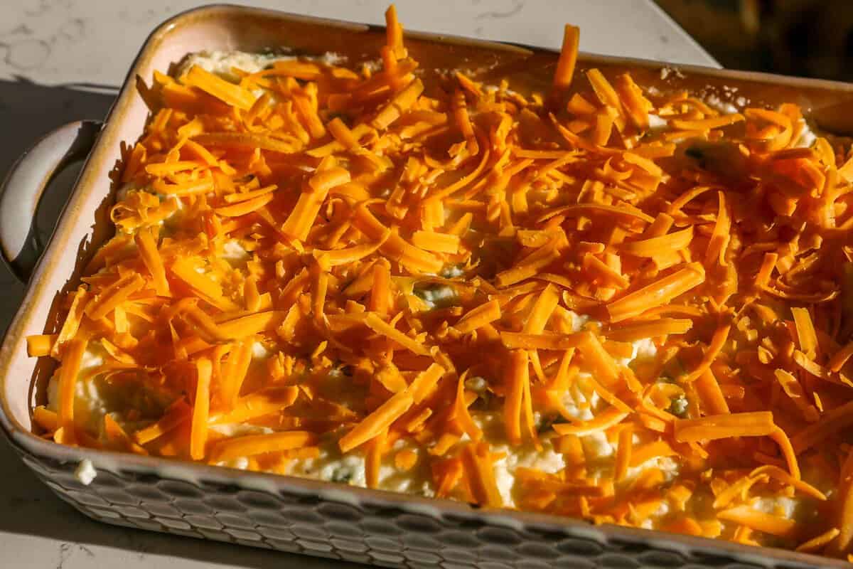 Mashed potatoes in a 9x13 inch pan topped with large shredded of Cheddar cheese.