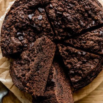 Chocolate coffee cake cut into large wedges and set on a piece of parchment paper.