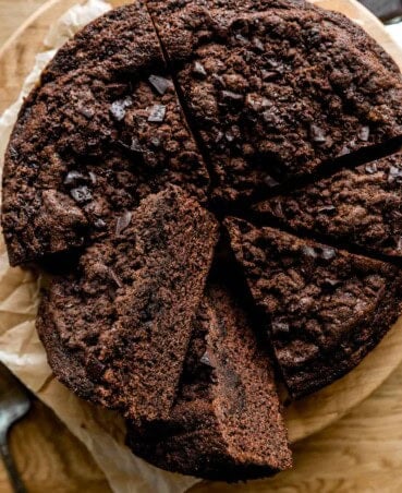 Chocolate coffee cake cut into large wedges and set on a piece of parchment paper.