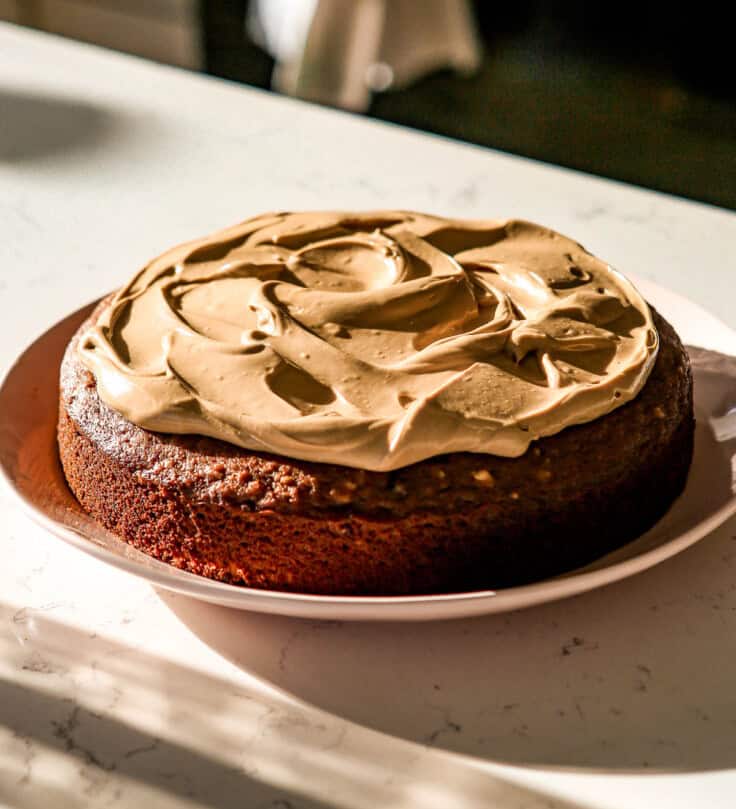 A full date and walnut cake with a rich, golden-brown crumb, topped with thick, swirled cream cheese frosting. The cake sits on a white plate, placed on a marble countertop with soft sunlight streaming across the scene, creating shadows and highlights that emphasize the smooth texture of the frosting.