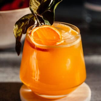 Vibrant orange cocktail in a rocks glass garnished with a slice of clementine. Cocktail set on a white coaster.