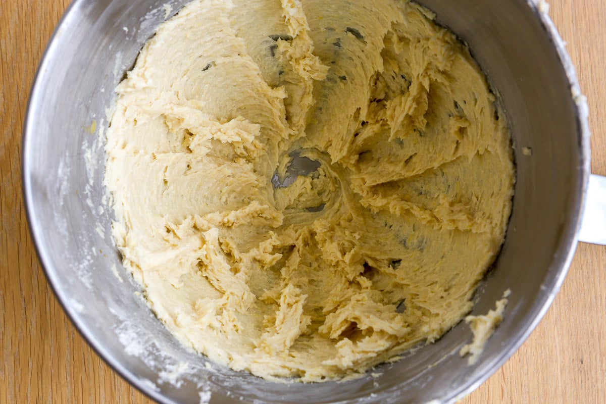 Butter, sugar, lemon zest, egg yolk, lemon juice and vanilla mixed together until smooth in a stand mixer.