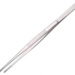 Stainless steel tweezer tongs on a white background.