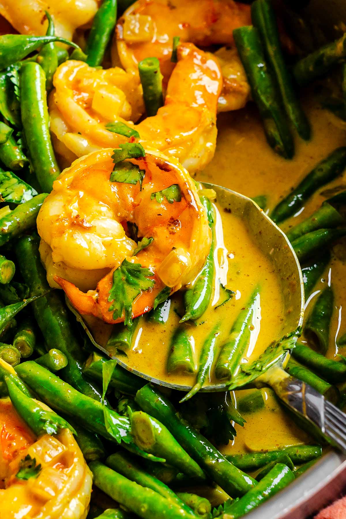 A spoonful of shrimp and green beans in a yellow curry sauce, garnished with fresh cilantro.
