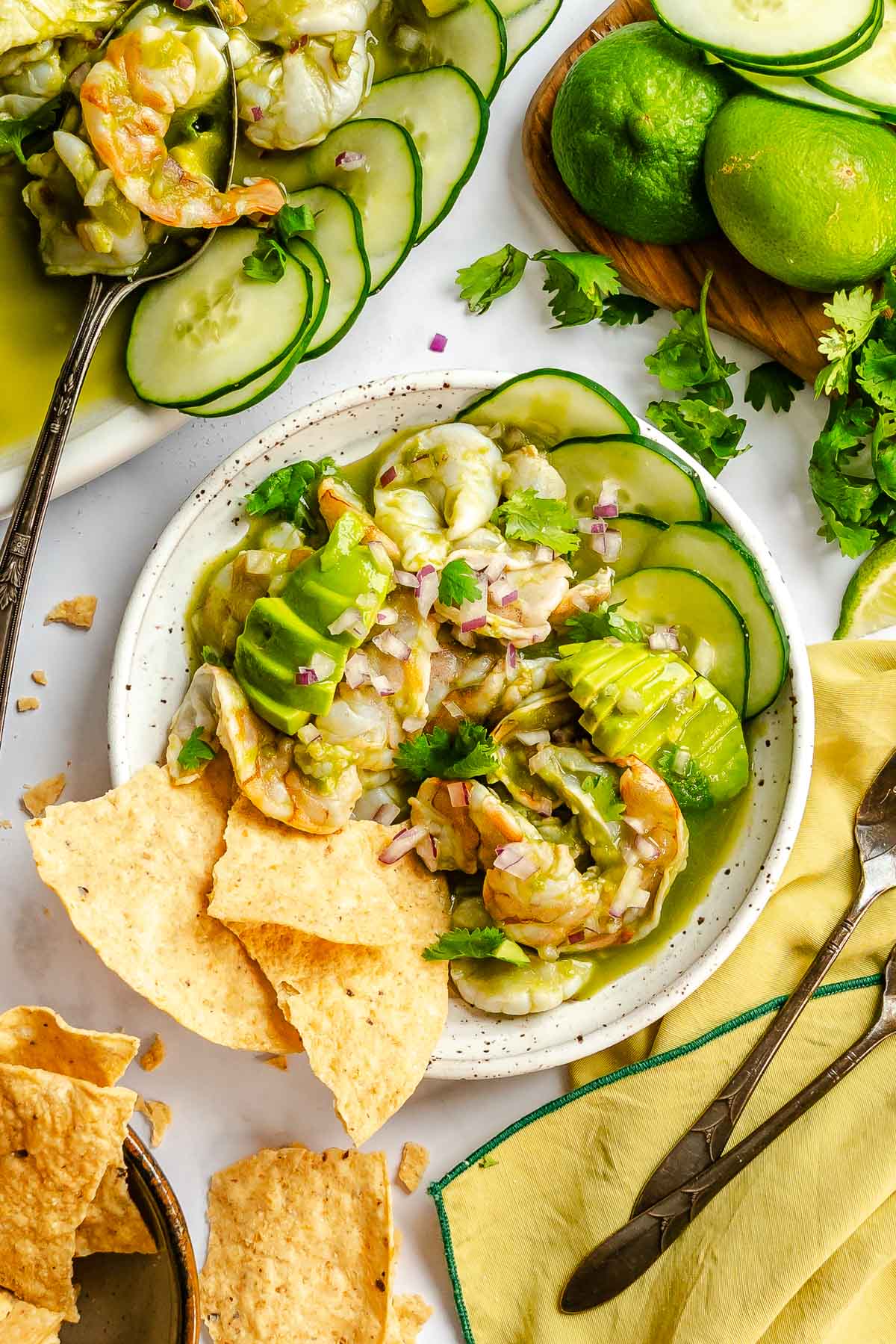 A plate of shrimp aguachile with avocado, cucumber slices, and tortilla chips, garnished with cilantro.