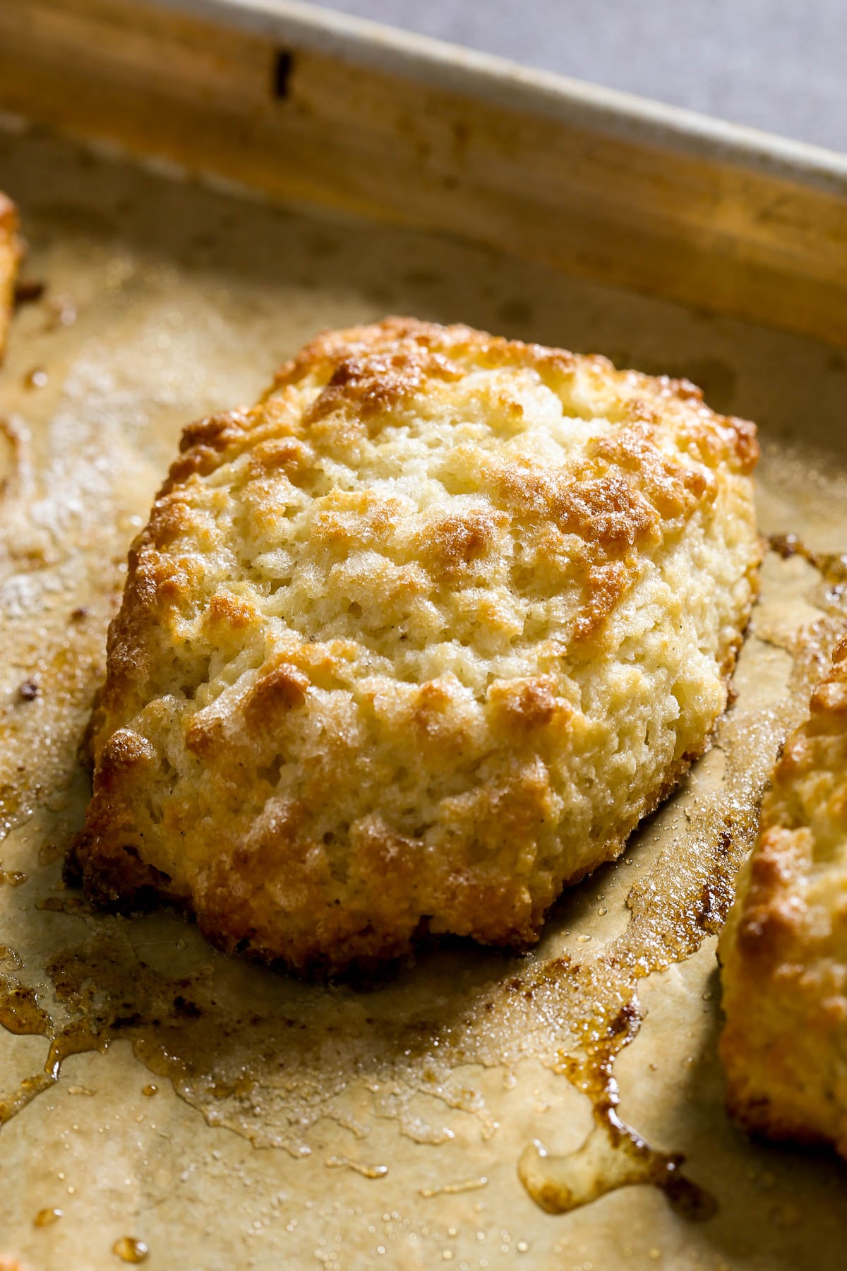 A golden-brown scone rests on parchment paper atop a baking sheet, fresh from the oven.